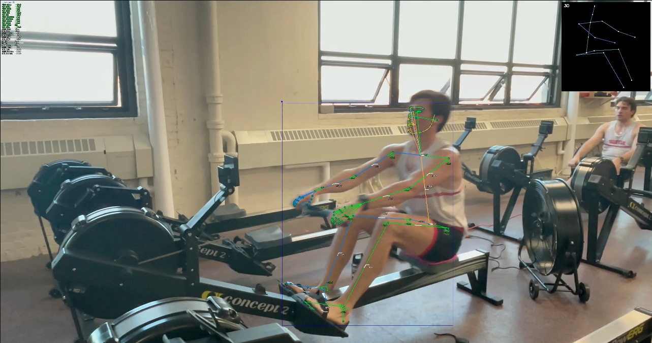 Sports2D pose overlay on erg video